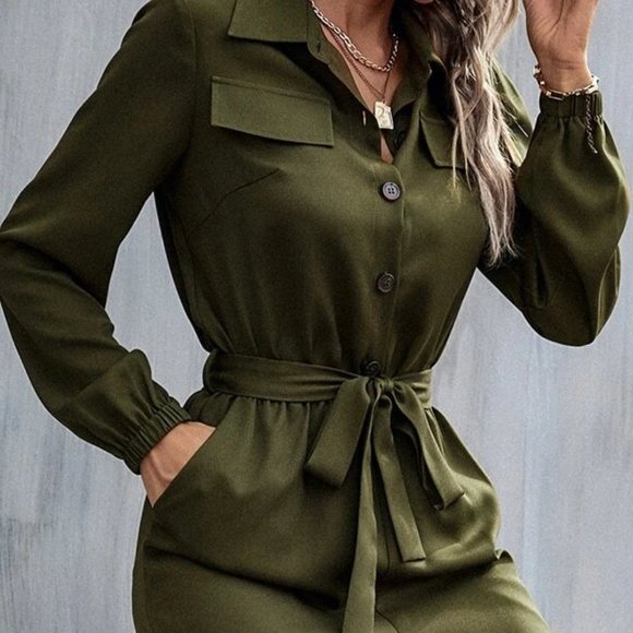 green belted jumpsuit casual classic trending - Picture 7 of 7